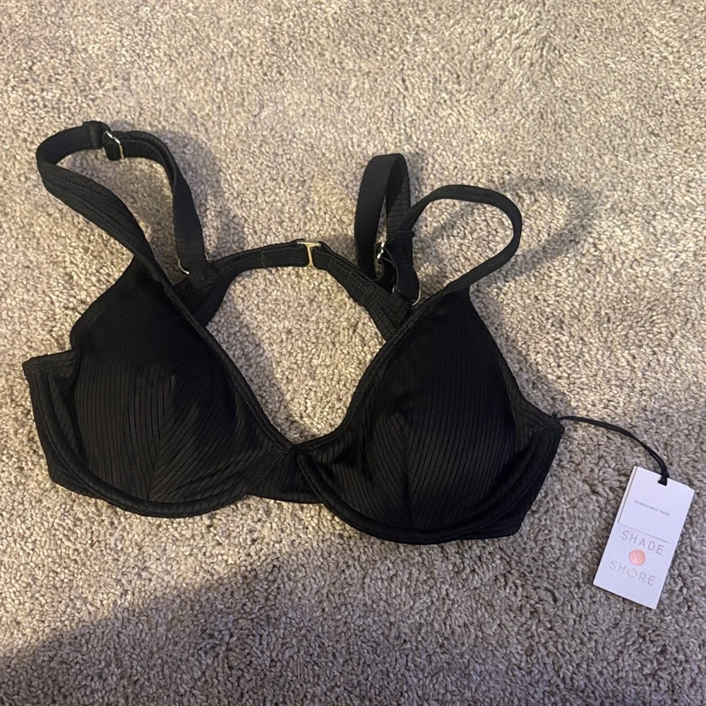 New Shade & Shore Elegant Black ribbed pushup swim bra 36b adjustable straps